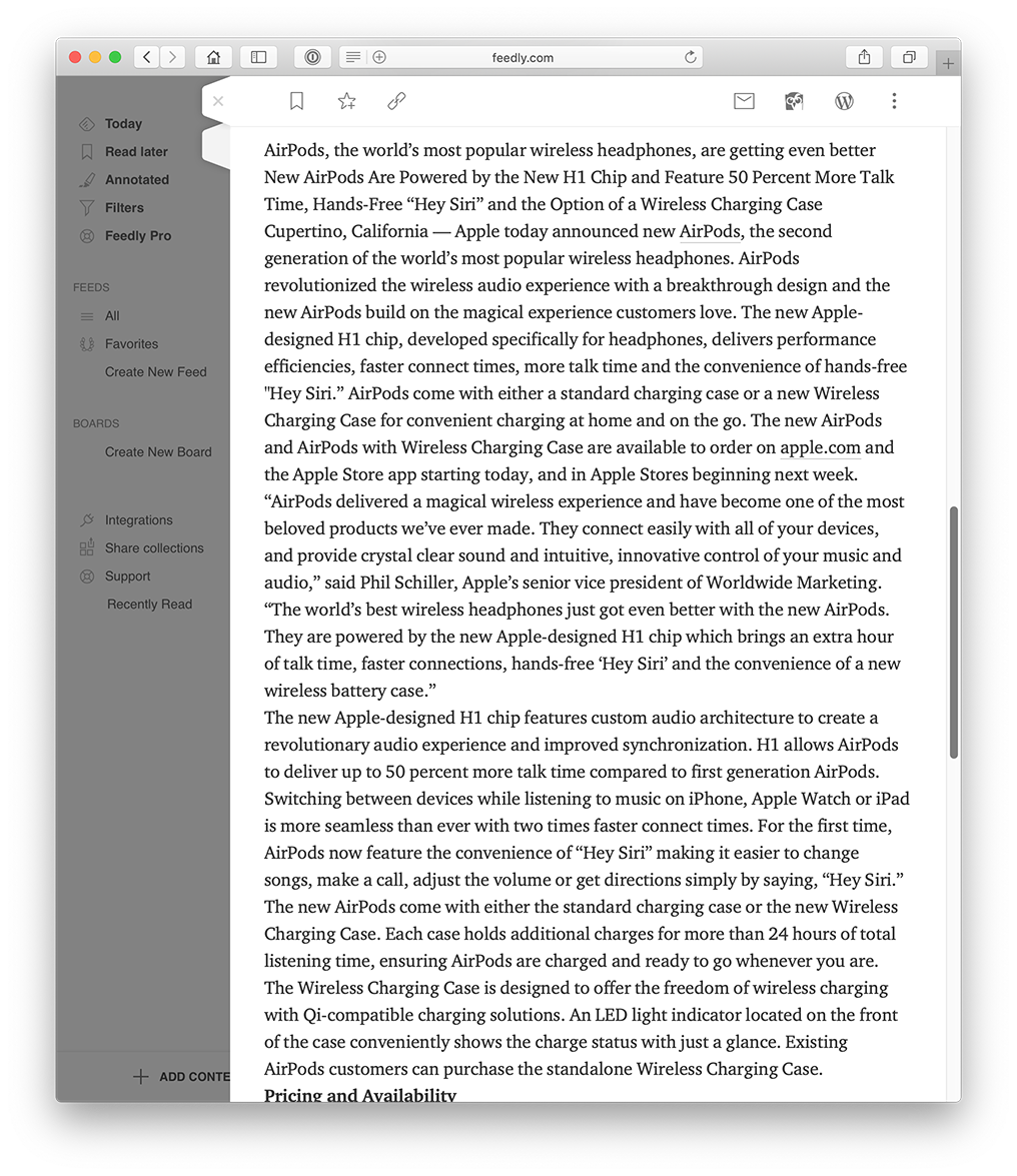 Screenshot of Apple Newsroom article in Feedly
